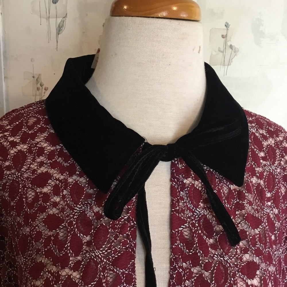 Elegant Lace Cardigan with Black Velvet Accents